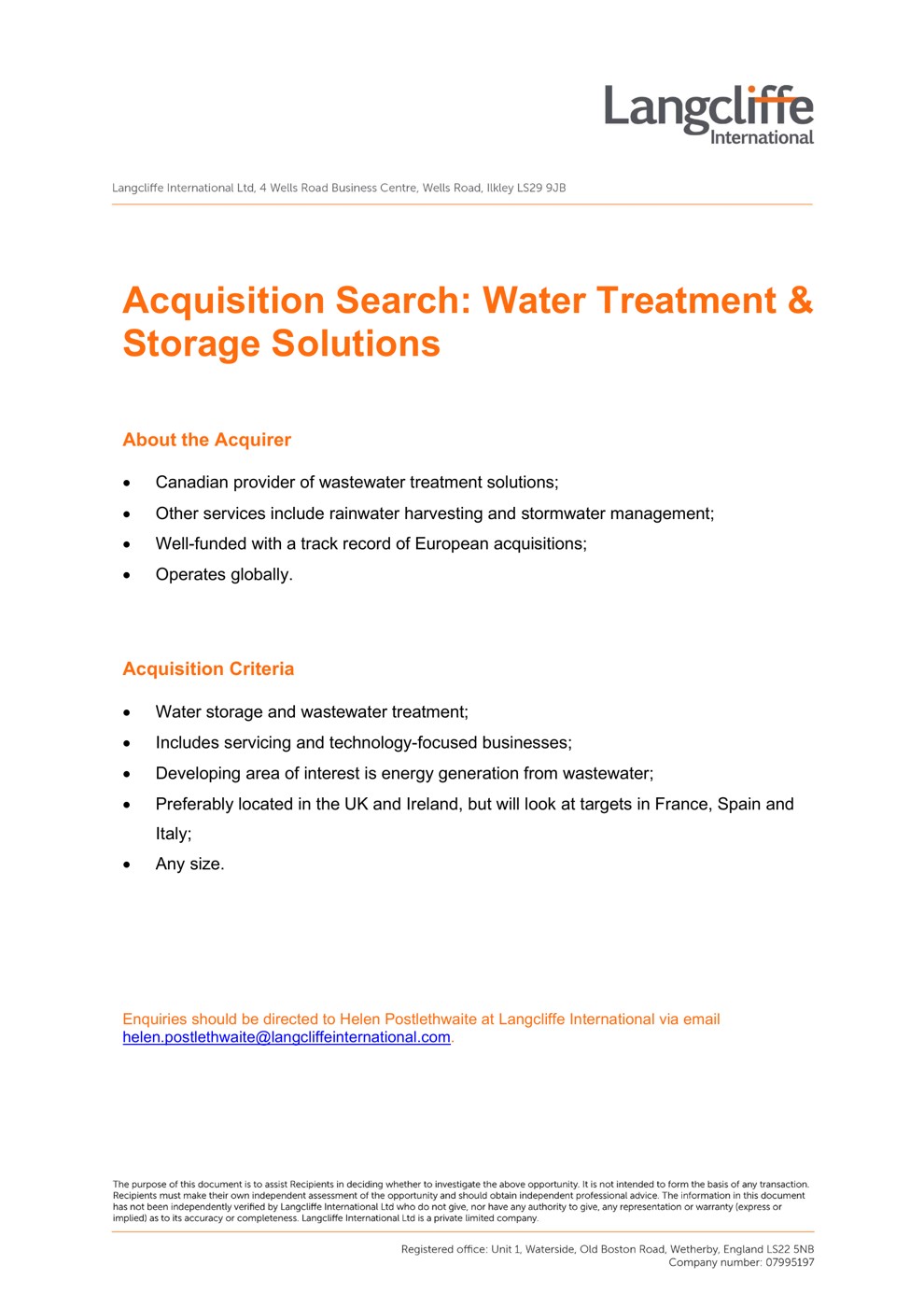 Acquisition Search - Wastewater Treatment & Storage Solutions - January 2021 1
